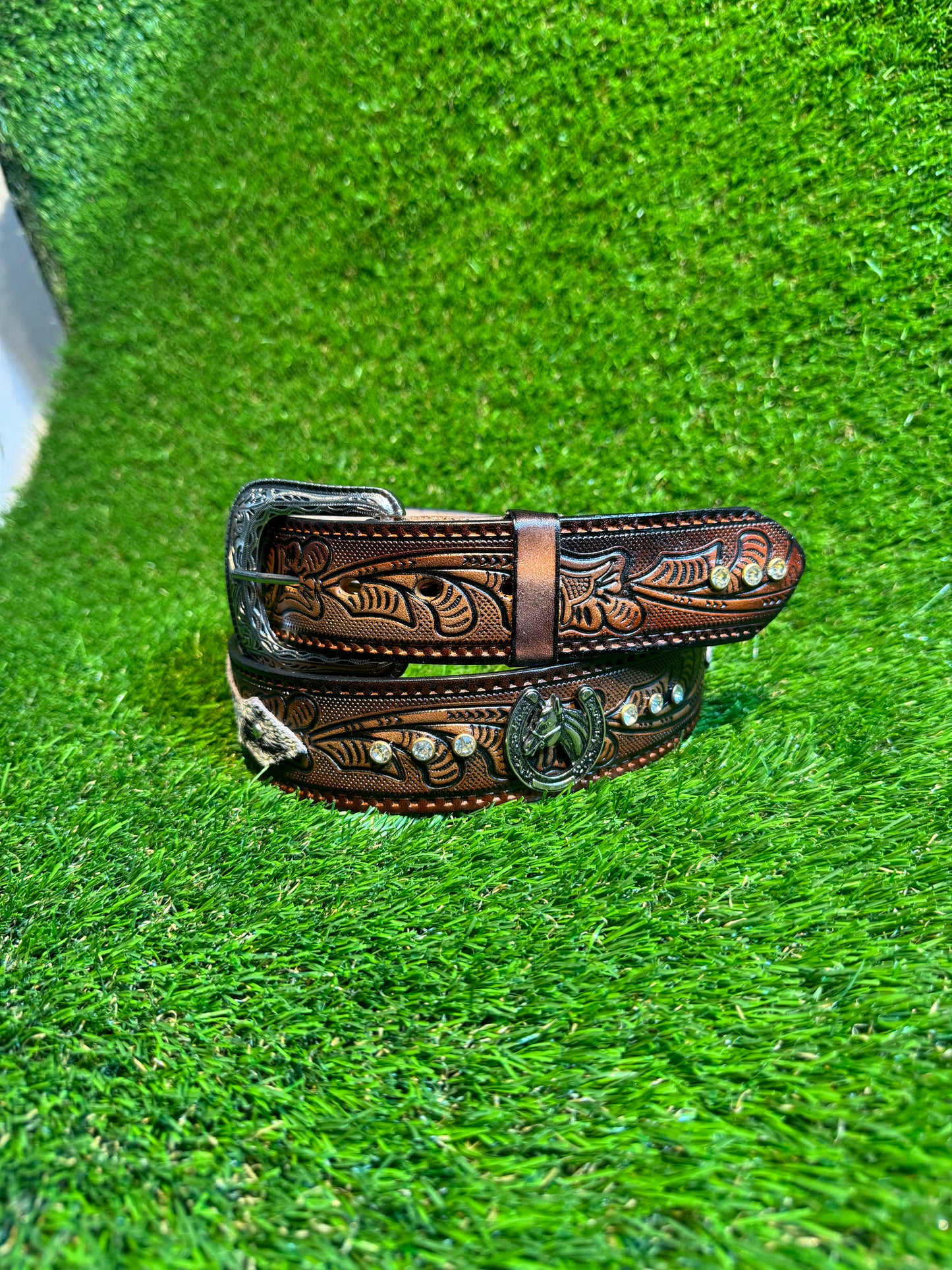 Cinto Corte Lazer Con PIel De Vaca Con Piedras | Western Style Lazer Cut Cow Hair Rhinestone Belt