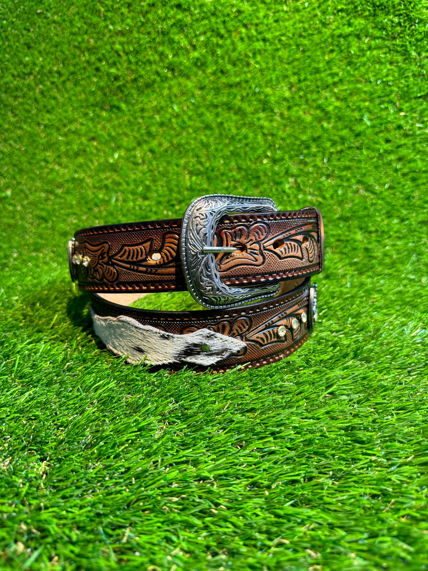 Cinto Corte Lazer Con PIel De Vaca Con Piedras | Western Style Lazer Cut Cow Hair Rhinestone Belt